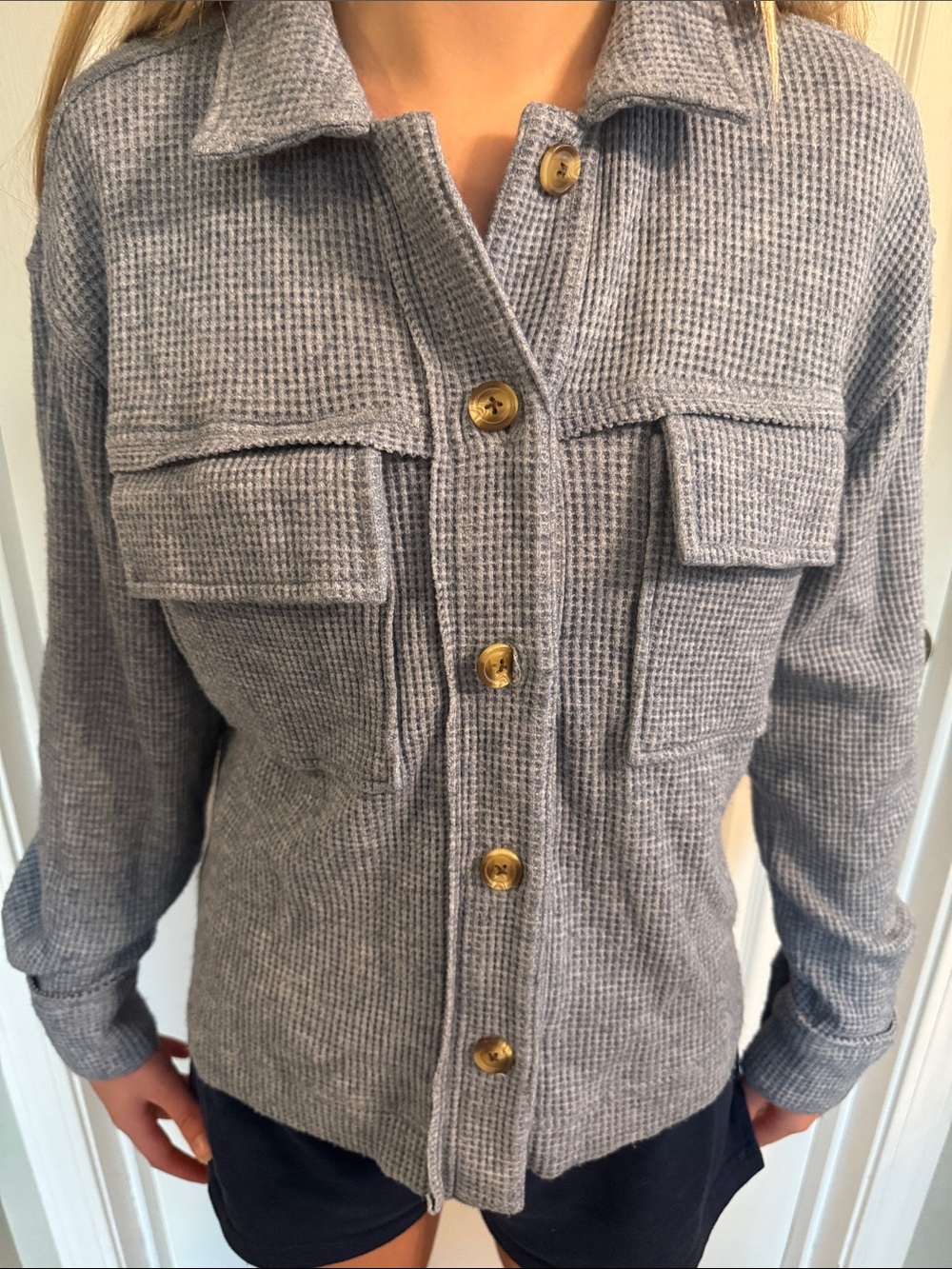 Thread & Supply Light Gray Waffle Button-Front Shirt Jacket